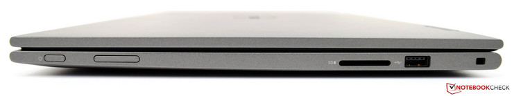 Rechts: power-knop, volumebediening, 3-in-1 SD-kaartezer, USB 2.0, Noble-slot