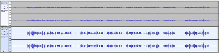 Afstand ca. 20 cm: Zelfs met de versterkingsregelaar op maximum, is het opnameniveau in het origineel nogal stil (boven), hieronder is de genormaliseerde versie