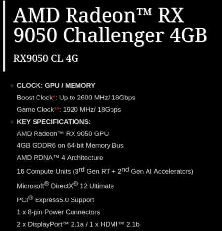 Screenshot van de specificatiepagina van de RX 9050 Challenger 4 GB