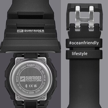Subtiele ontwerpdetails zijn het Surfrider Foundation Japan logo op de roestvrijstalen achterkant van de kast en de #oceanfriendlylifestyle tagline op de bandlus.