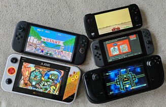 De Gamestation Go vergeleken in grootte met Switch 2, Ayn Odin, Switch 1 en Steam Deck (van linksboven naar rechtsonder, bron: Marc Zander, Notebookcheck)