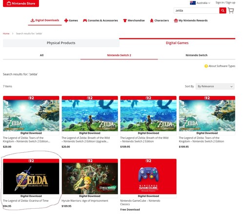 Prijs van de remake van Zelda: Ocarina of Time weergegeven in de Australische Nintendo Store