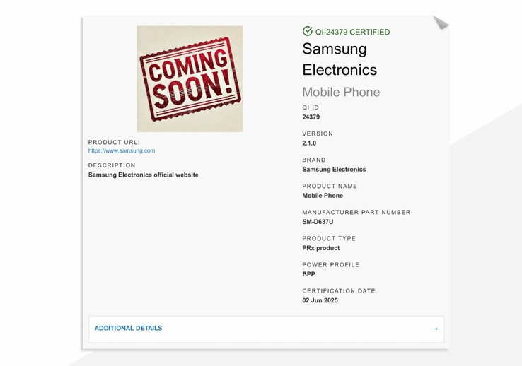 De Samsung Galaxy Z Fold7 heeft al een Qi2-certificering ontvangen. (Afbeeldingsbron: Wireless Power Consortium)