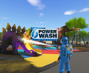 Een speler in PowerWash Simulator maakt een kleurrijke dinosaurusglijbaan in een speeltuin schoon met een hogedrukreiniger. (Beeldbron: Square Enix Collective)