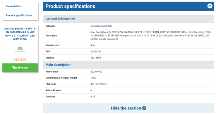 Specificaties en prijs van de Acer Googlebook 14