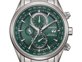 Citizen World Chronograph A.T. AT8260-85X-horloge met een groene wijzerplaat, een roestvrijstalen kast en armband, drie subwijzerplaten en een wereldtijdschaal.
