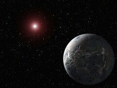 Een illustratie van een kunstenaar waarop een planeet en een rode ster te zien zijn.