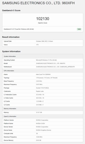 Vermeende Samsung Galaxy Book 3 Ultra met Core i9-13900HK en RTX 4070 in Geekbench OpenCL. (Bron: Geekbench)