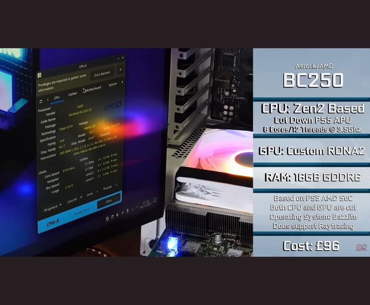 AMD BC250 draait in een desktopopstelling en toont de systeemspecificaties. (Afbeeldingsbron: Budget-Builds Official via YouTube)