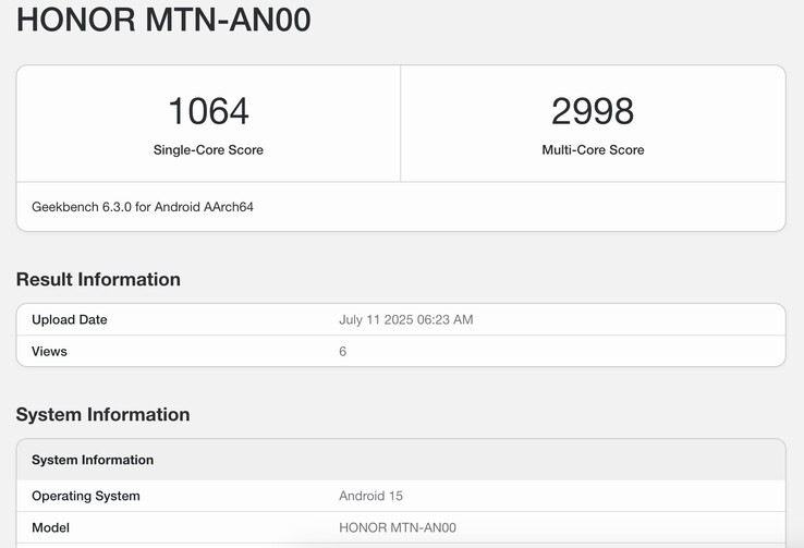 De Geekbench 6 listing voor de Honor X70 onthult een weinig verrassend prestatiepotentieel. (Afbeeldingsbron: Geekbench)
