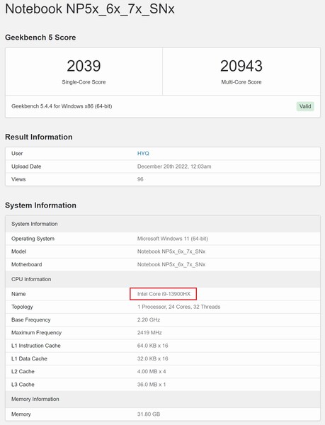 Intel Core i9-13900HX. (Beeldbron: Geekbench)