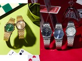 Promotieafbeelding van de MTP-B146-collectie van Casio, met onder meer zilverkleurige en goudkleurige roestvrijstalen horloges met zwarte, lichtblauwe, groene en champagnekleurige wijzerplaten, elk voorzien van een gebogen dagweergave op de 12-uurpositie.