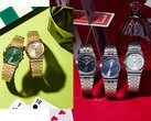 Promotieafbeelding van de MTP-B146-collectie van Casio, met onder meer zilverkleurige en goudkleurige roestvrijstalen horloges met zwarte, lichtblauwe, groene en champagnekleurige wijzerplaten, elk voorzien van een gebogen dagweergave op de 12-uurpositie.