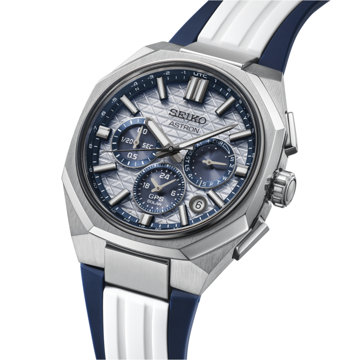 De HAB004 wordt geleverd met zowel een titanium armband als een exclusieve blauw-witte siliconen band.