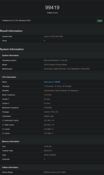 Nvidia GeForce RTX 4060 Vulkan prestaties (afbeelding via Geekbench)