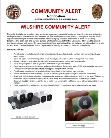De LAPD waarschuwt huiseigenaren voor dieven die Wi-Fi-stoorzenders gebruiken om beveiligingssystemen gemakkelijk te omzeilen. (Bron: LAPD op X)