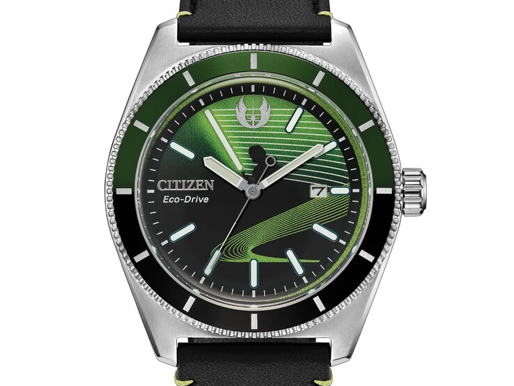 Citizen Luke Skywalker, Jedi Master AW1910-48W-horloge met zijn zwart-groene wijzerplaat, het silhouet van Luke Skywalker en een op het groene lichtzwaard geïnspireerd ontwerp.
