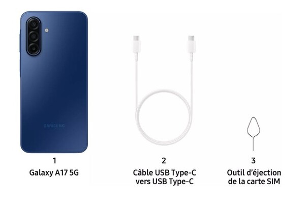 De Galaxy A17 5G wordt alleen geleverd met een USB-C kabel en een SIM-uitwerper. (Afbeeldingsbron: Samsung)