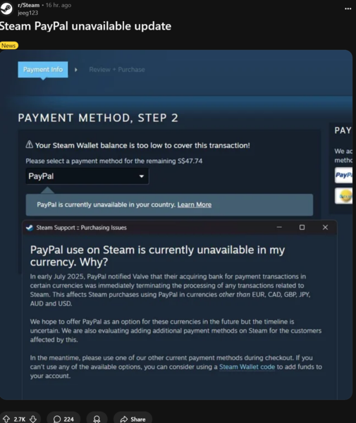 Bericht van Steam Support over het gebruik van PayPal tijdens het afrekenen (Afbeelding bron: screenshot, Steam subreddit)