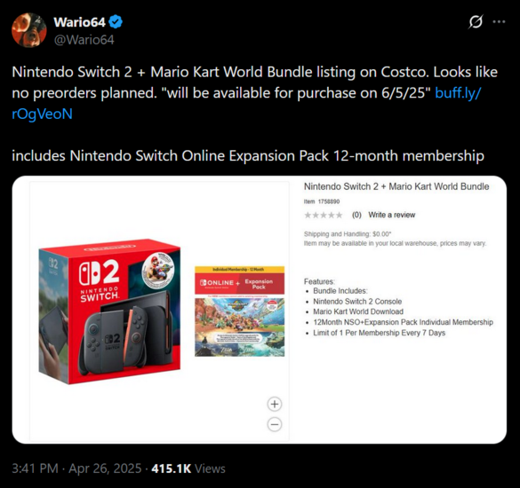 Wario64 Costco Switch 2 Bundle X post (Afbeelding bron: screenshot, Wario64 X account)