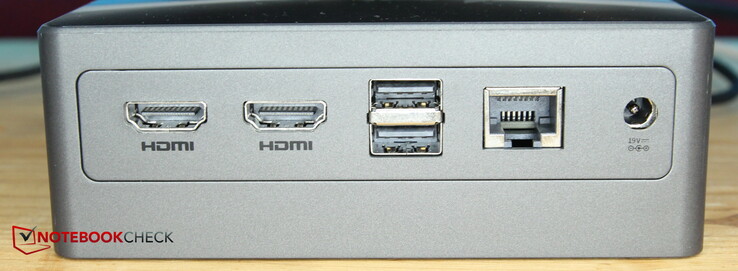 Achterkant: 2x HDMI, 2x USB 2.0, LAN, voeding