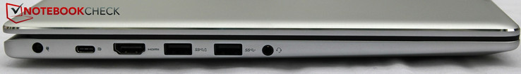 Links: power, USB-C 3.1 (met miniDP + power), USB-A 3.1 Gen 1 (met PowerShare), USB-A 3.1 Gen 1, koptelefoon/microfoon
