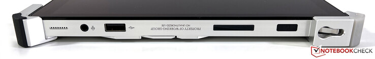 Rechterkant: 3,5 mm stereo, USB-A 3.2 Gen.1, volumeknop, aan/uit-knop