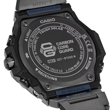 De achterkant van de kast is voorzien van het Carbon Core Guard-logo en markeringen voor Tough Solar power en 200-meter waterdichtheid.