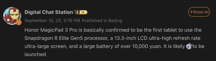 Details van de Honor MagicPad 3 Pro uitgelekt. (Afbeeldingsbron: Weibo - machine vertaald)