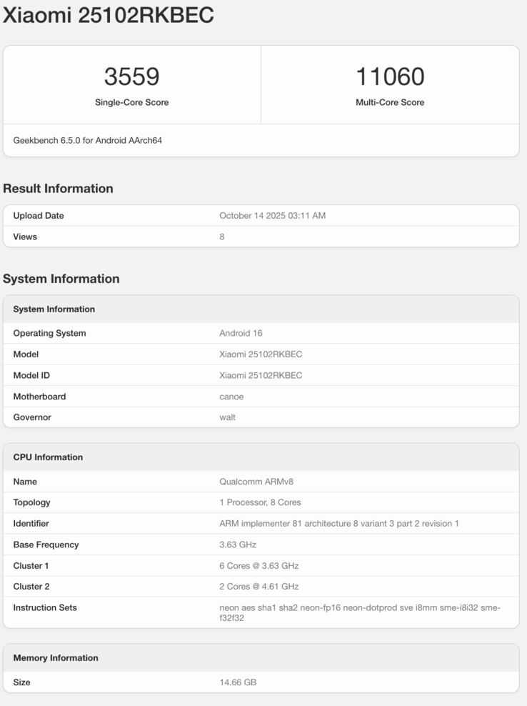 Geekbench-lijst van de Redmi K90 Pro. (Afbeeldingsbron: Geekbench)