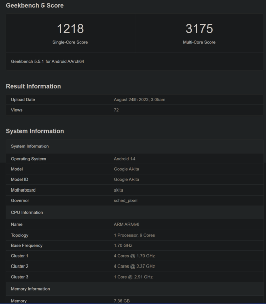 Google Pixel 8a Geekbench notering (afbeelding via Geekbench)