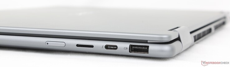Rechts: Aan/uit-knop, MicroSD-lezer, USB-C 4.0 w / Thunderbolt 4, DisplayPort 2.1 + Power Delivery 3.0, USB-A 3.2 Gen. 1