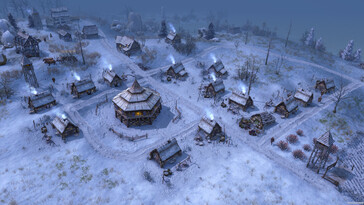 Een afbeelding van een besneeuwd dorp in Farthest Frontier.
