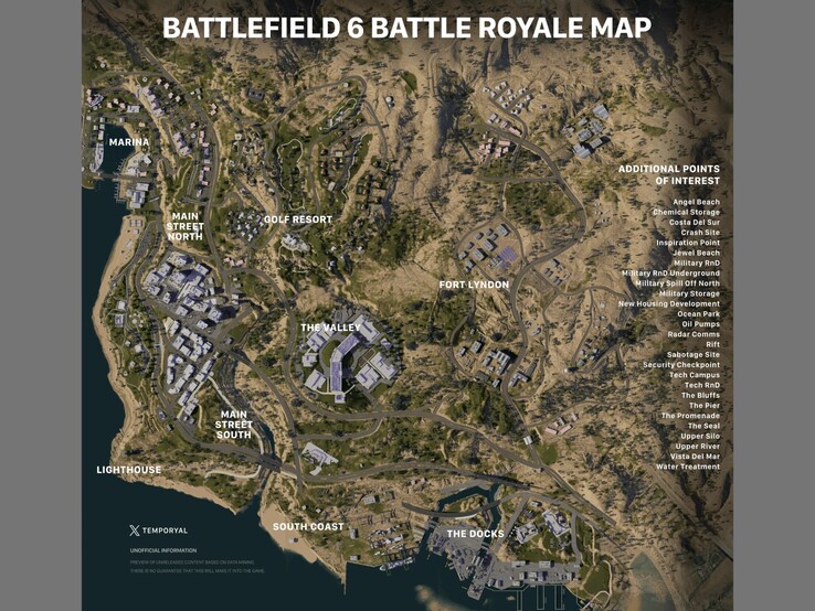 Vermeende Battlefield 6 battle-royale kaart met locaties en nuttige punten. (Afbeelding bron: Battlefield subreddit, via temporyal)