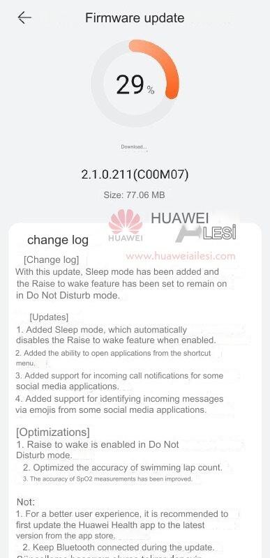 Huawei Watch Fit 2 software versie 2.1.0.211 changelog. (Afbeeldingsbron: Huawei Ailesi met Google Translate)