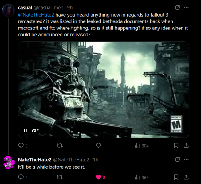 NateTheHate X post over Fallout 3 remaster (Afbeelding bron: screenshot, NateTheHate2 X account)