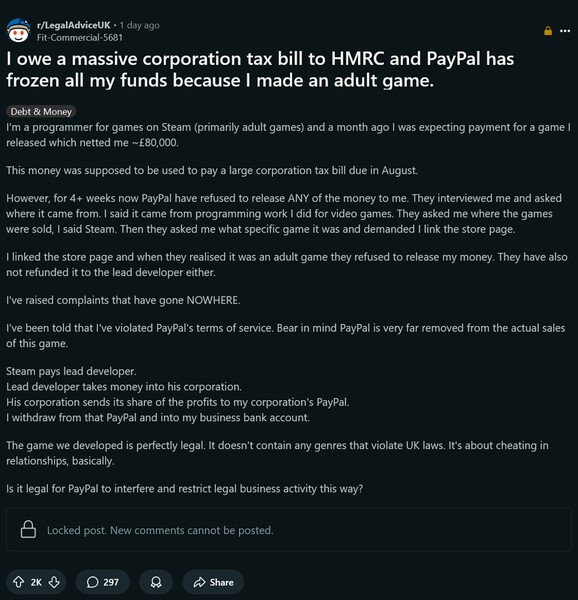 PayPal-geschil met programmeur van spellen voor volwassenen Reddit-post (Afbeelding bron: screenshot, Legal Advice UK subreddit)