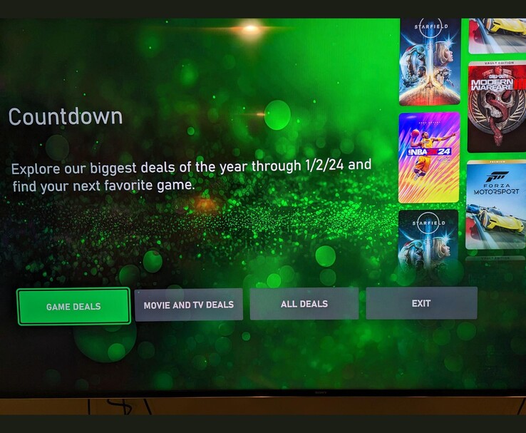 Xbox Series-dashboard met Countdown-verkoop promo met kortingen op Starfield, NBA 2K24 en meer. (Afbeeldingsbron: Reddit/u/tapo via r/XboxSeriesX)