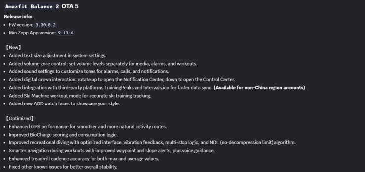 De release notes voor softwareversie 3.30.0.2 voor de Amazfit Balance 2 smartwatch. (Afbeeldingsbron: Amazfit via Discord)