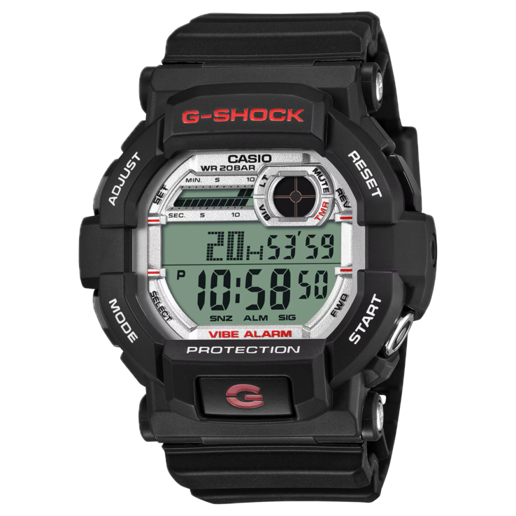 Vooraanzicht van de G-Shock GD-350S, waarbij de zwarte behuizing en het digitale display goed te zien zijn.