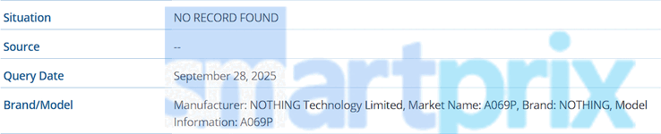 IMEI-databasevermelding voor een Nothing-telefoon met modelnummer A069P (Afbeelding Bron: Smartprix)
