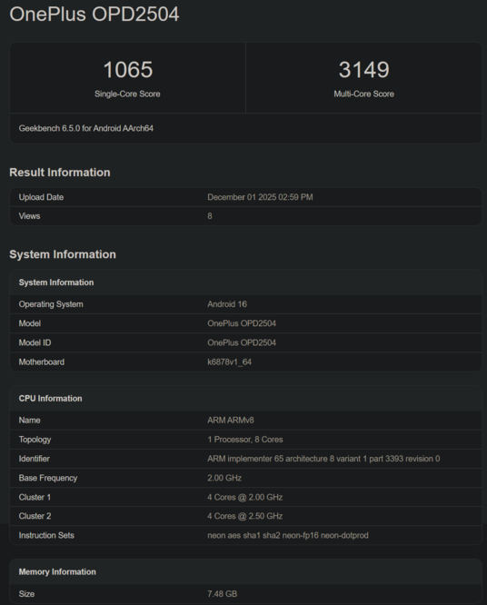 OnePlus Pad Go 2 Geekbench listing (afbeeldingsbron: Geekbench)