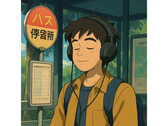 Een AI-gegenereerde illustratie in de stijl van werken van Studio Ghibli. Het toont een jonge man die sereen op een busstation zit terwijl hij naar muziek luistert. (Afbeelding Bron: Gegenereerd met ChatGPT)