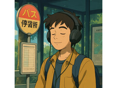 Een AI-gegenereerde illustratie in de stijl van werken van Studio Ghibli. Het toont een jonge man die sereen op een busstation zit terwijl hij naar muziek luistert. (Afbeelding Bron: Gegenereerd met ChatGPT)