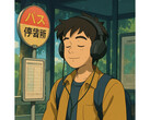 Een AI-gegenereerde illustratie in de stijl van werken van Studio Ghibli. Het toont een jonge man die sereen op een busstation zit terwijl hij naar muziek luistert. (Afbeelding Bron: Gegenereerd met ChatGPT)
