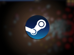 Afgebeeld - het Steam-logo op een wazig screenshot van het spel Power Fantasy. (Afbeeldingsbron: Steam - bewerkt)