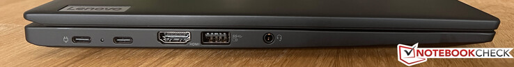 Links: 2x USB-C 4.0 (40 GBit/s, Power Delivery 3.0, DisplayPort Alt Mode 1.4), HDMI 2.1, USB-A 3.2 Gen.1 (5 GBit/s, voeding), 3,5 mm audio