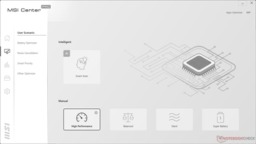 Vijf vooraf ingestelde energieprofielinstellingen: Smart Auto AI, Hoge prestaties, Gebalanceerd, Stil, en Super batterij