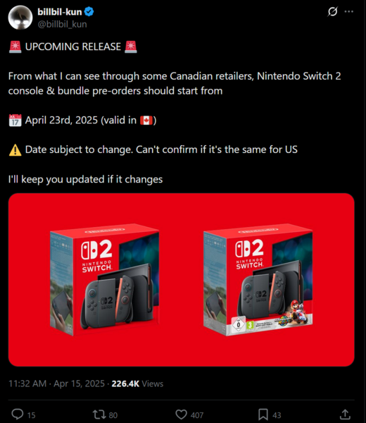 Billbil-kun Canada Switch 2 pre-order update X post (Afbeelding bron: Billbil-kun X account)