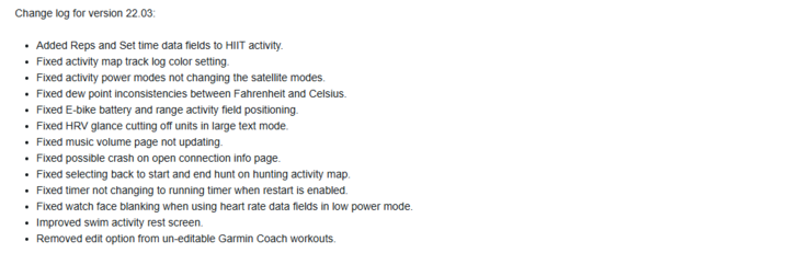 De release notes voor de Garmin bètaversie 22.03 update voor de Fenix 7. (Afbeelding bron: Garmin)